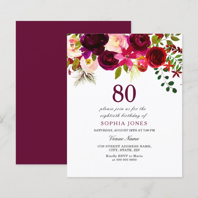 Burgundy Red Blush Budget 80th Birthday Invitation (Front/Back)