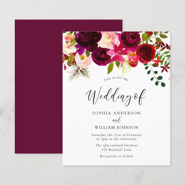 Burgundy Red Blush Budget Wedding Invitation (Front/Back)