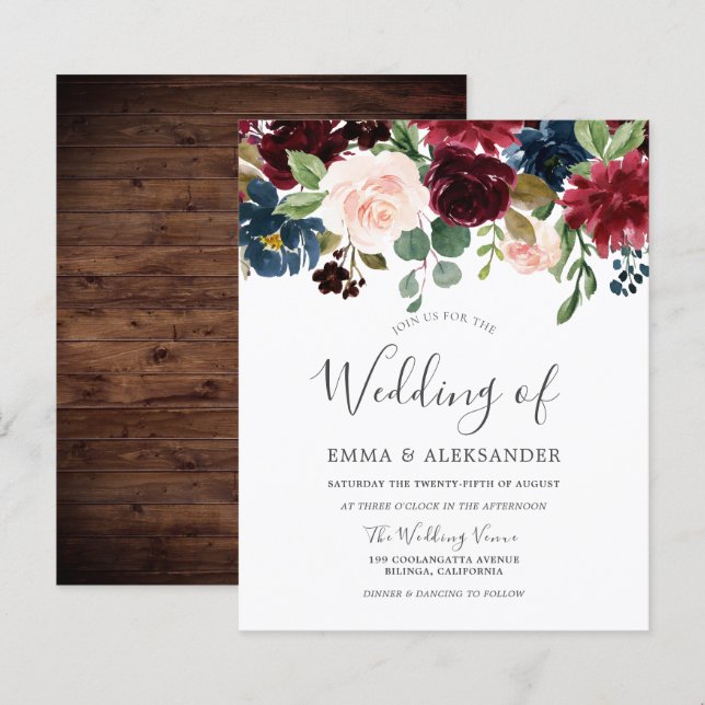 Burgundy Red Blush Budget Wedding Invitation (Front/Back)