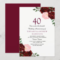 Burgundy Red Blush Floral 40th Wedding Anniversary