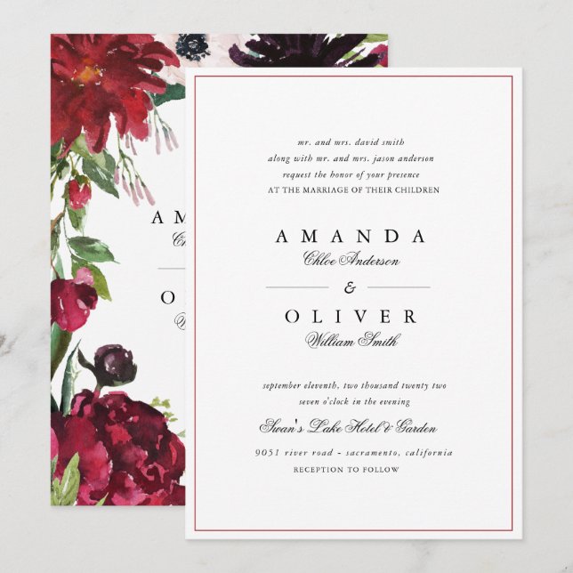  Burgundy Red Blush Floral Elegant Classic Wedding Invitation (Front/Back)