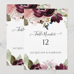 Burgundy Red Blush Floral Elegant Table Number