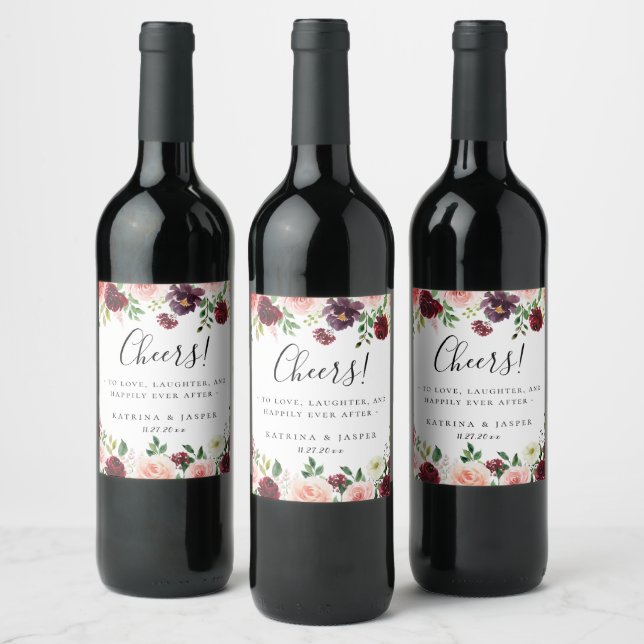 Burgundy Red Blush Floral Frame Wedding Wine Label (Bottles)