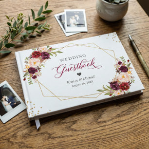 Burgundy Red Blush Floral Gold Geometric Wedding Guest Book