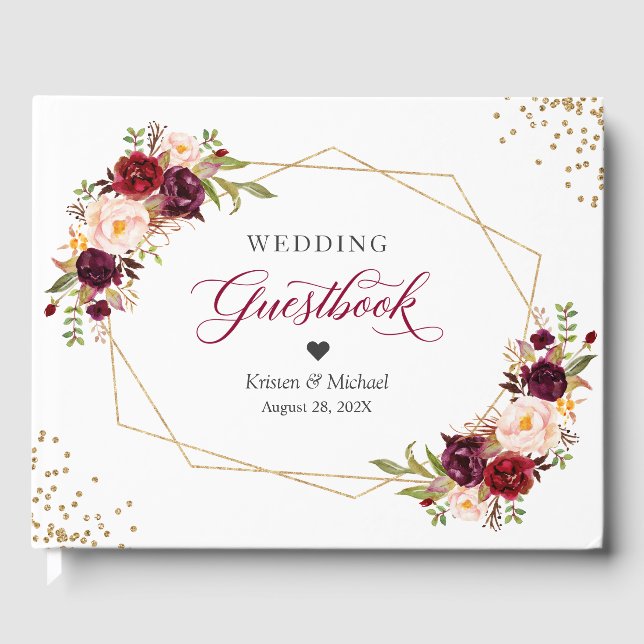 Burgundy Red Blush Floral Gold Geometric Wedding Guest Book (Front)