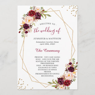 Burgundy Red Blush Floral Gold Geometric Wedding Programme