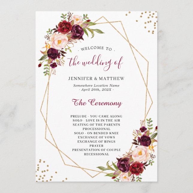 Burgundy Red Blush Floral Gold Geometric Wedding Programme (Front)