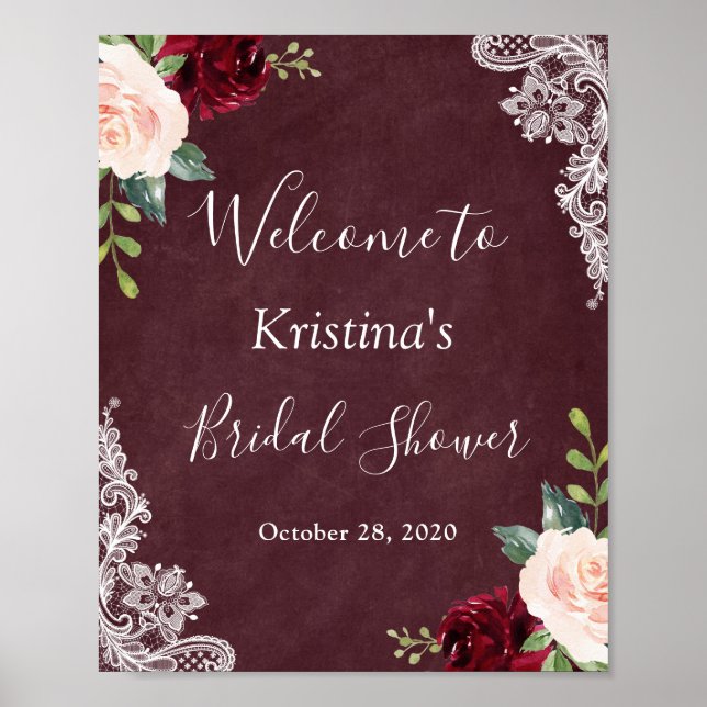 Burgundy Red Blush Floral Lace Bridal Shower Sign (Front)