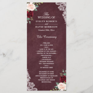Burgundy Red Blush Floral Lace Wedding Programme