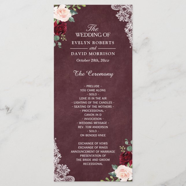 Burgundy Red Blush Floral Lace Wedding Programme (Front)