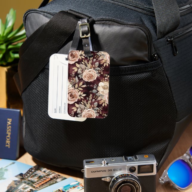 Burgundy Red Blush Floral Luggage Tag (Front & Back)