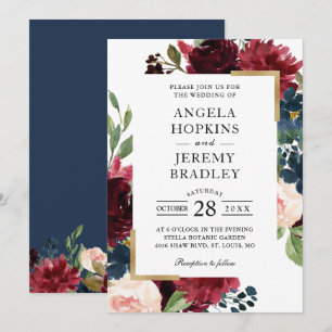 Burgundy Red Blush Floral Navy Blue Gold Wedding Invitation