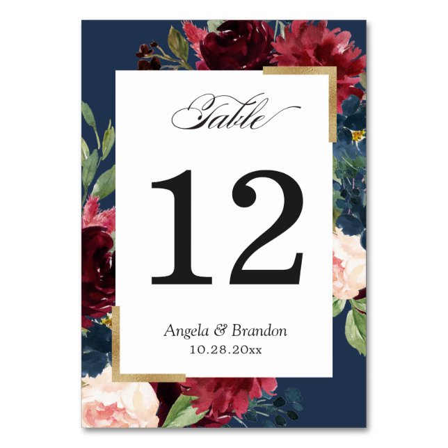 Burgundy Red Blush Floral Navy Blue Table Number (Front)