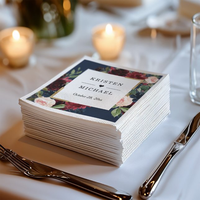Burgundy Red Blush Floral Navy Blue Wedding Napkin (Creator Uploaded)