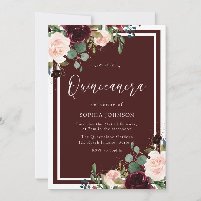 Burgundy Red & Blush Floral Quinceanera Party Invitation (Front)