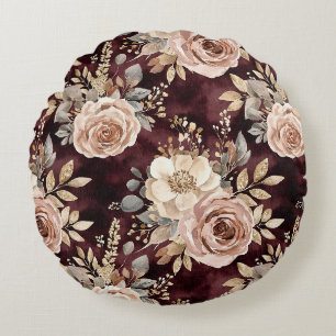 Burgundy Red Blush Floral Round Cushion