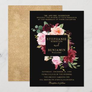 Burgundy Red Blush Floral Rustic Boho Wedding Invitation