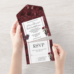 Burgundy Red Blush Floral Wedding All In One Invitation