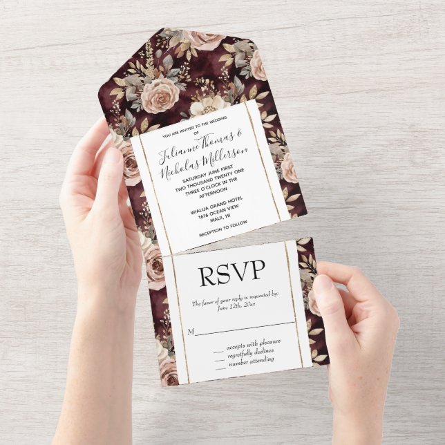 Burgundy Red Blush Floral Wedding All In One Invitation (Tearaway)