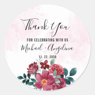 Burgundy Red Blush Floral Wedding Favour  Classic Round Sticker