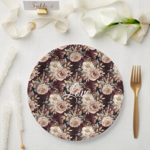 Burgundy Red Blush Floral Wedding Paper Plate