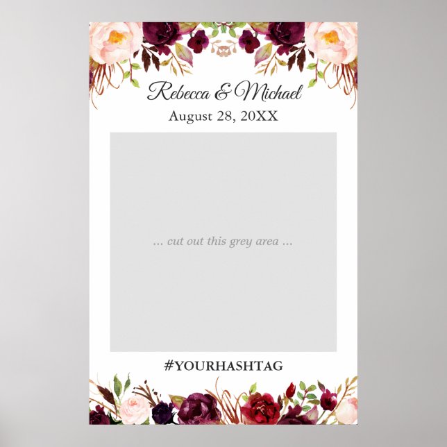 Burgundy Red Blush Floral Wedding Photo Prop Poster (Front)