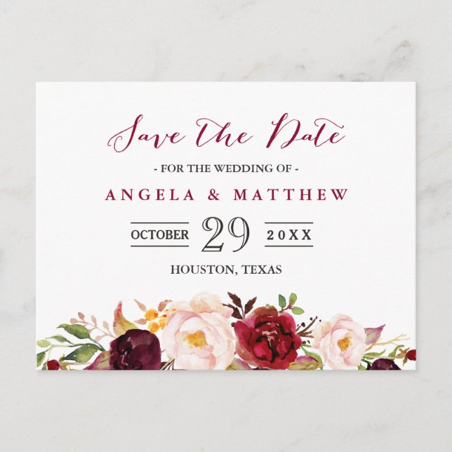 Burgundy Red Blush Floral Wedding Save the Date Postcard (Front)