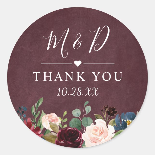 Burgundy Red Blush Floral Wedding Thank You Classic Round Sticker (Front)