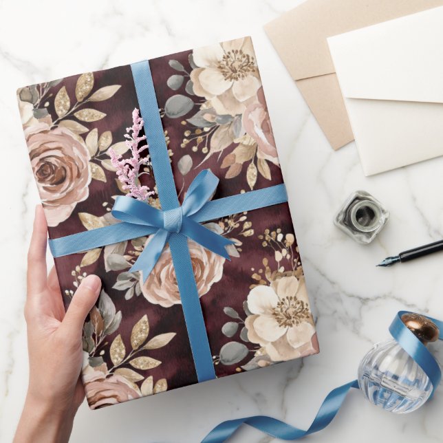 Burgundy Red Blush Floral Wedding Wrapping Paper (Gifting)