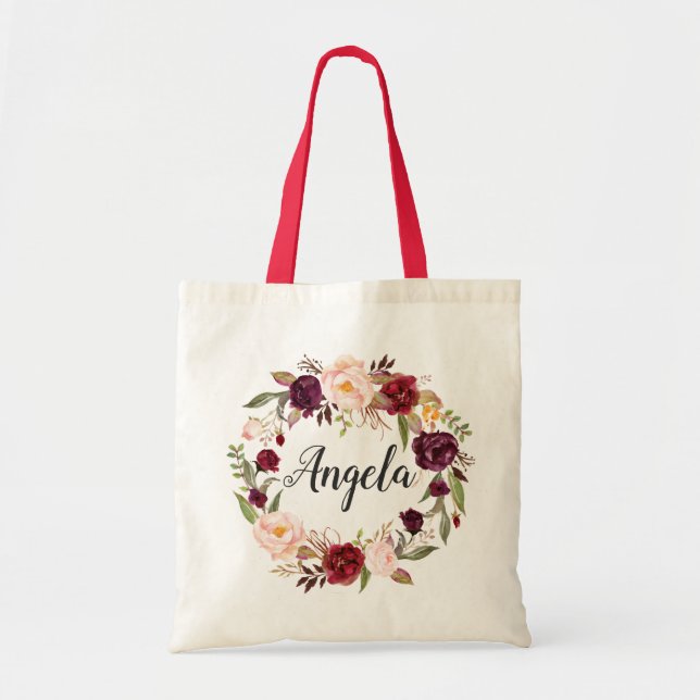 Burgundy Red Blush Floral Wreath Bridesmaid Tote Bag (Front)