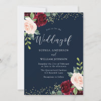 Burgundy Red & Blush Flowers Glitter Navy Wedding