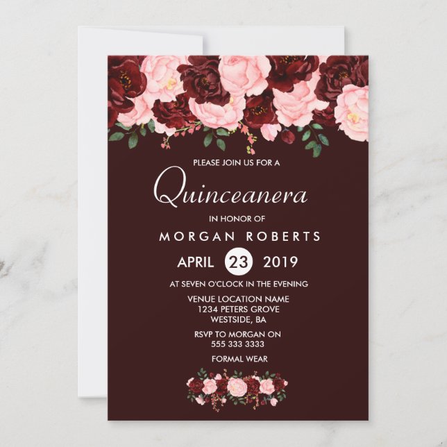 Burgundy Red Blush Flowers Quinceanera Invite (Front)