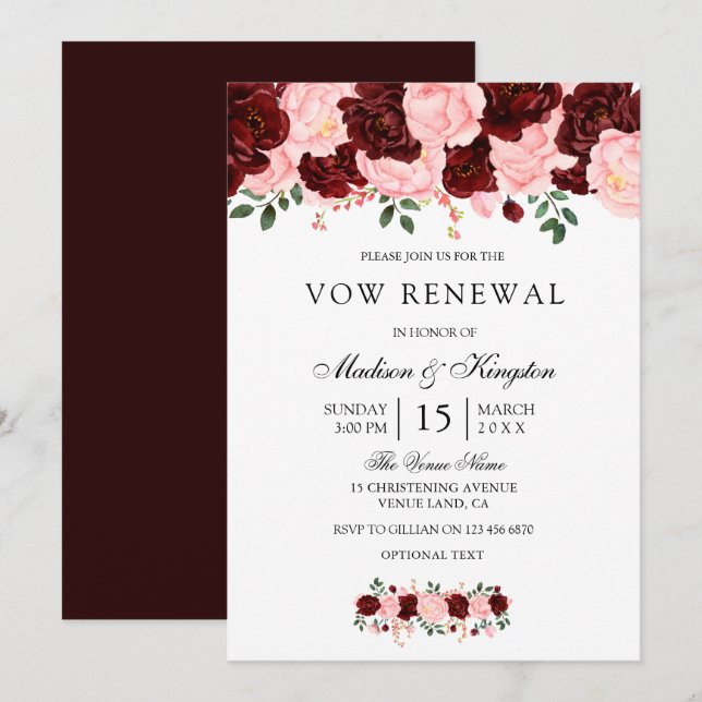Burgundy Red Blush Flowers Vow Renewal Invite (Front/Back)