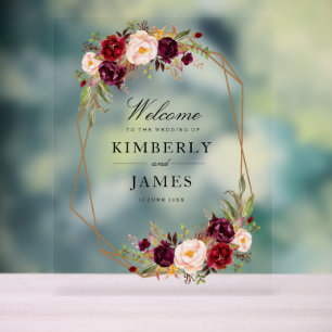 Burgundy red & blush flowers wedding acrylic sign