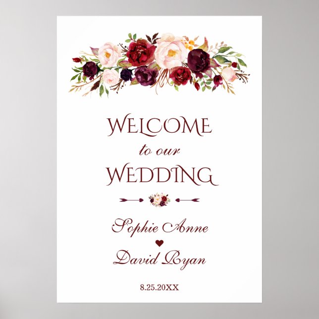 Burgundy Red Blush Flowers Welcome Wedding Sign (Front)