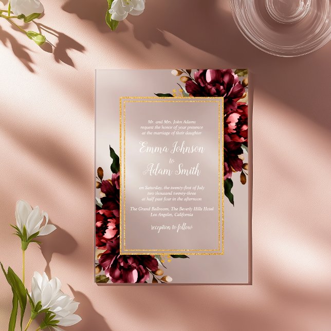 Burgundy Red Blush Gold Geometric Greenery Wedding Acrylic Invitations (Creator Uploaded)