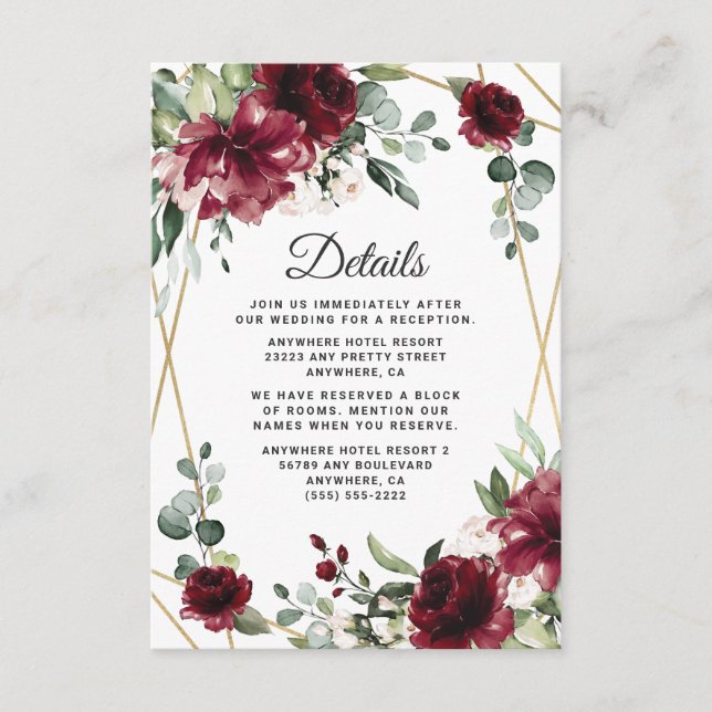 Burgundy Red Blush Gold Geometric Greenery Wedding Enclosure Card (Front)