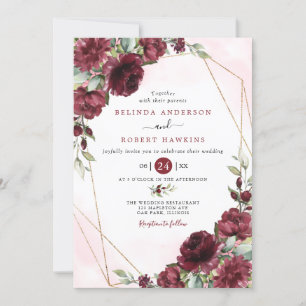 Burgundy Red Blush Gold Geometric Greenery Wedding Invitation