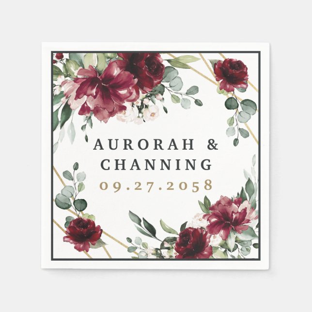 Burgundy Red Blush Gold Geometric Greenery Wedding Napkin (Front)