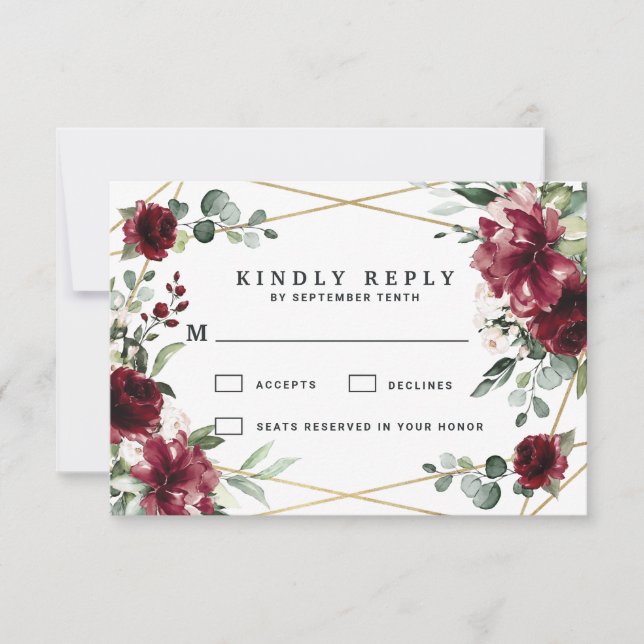 Burgundy Red Blush Gold Geometric Greenery Wedding RSVP Card (Front)