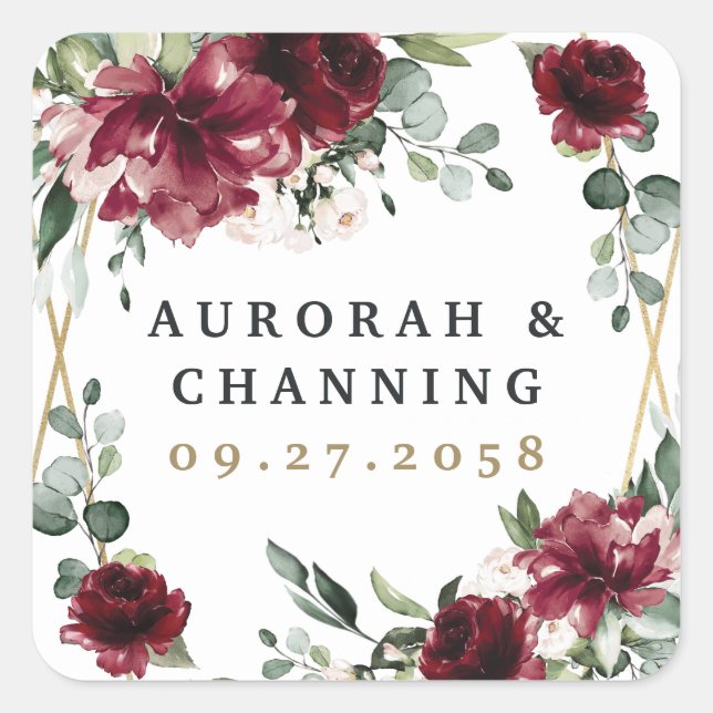 Burgundy Red Blush Gold Geometric Greenery Wedding Square Sticker (Front)
