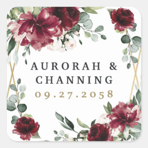 Burgundy Red Blush Gold Geometric Greenery Wedding Square Sticker