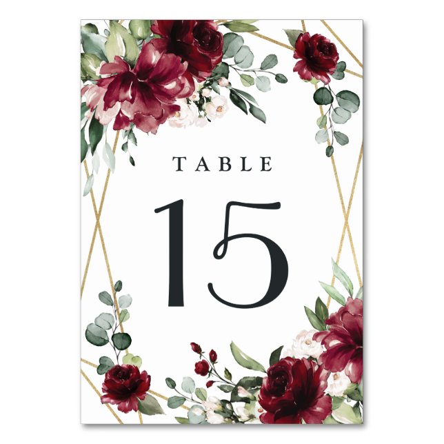 Burgundy Red Blush Gold Geometric Greenery Wedding Table Number (Front)