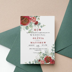 Burgundy Red Blush Greenery  Elegant Wedding Invitation