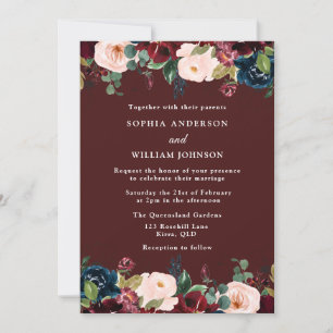 Burgundy Red, Blush & Navy Elegant Fall Wedding Invitation