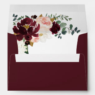 Burgundy Red Blush Pink and Gold Floral Wedding Envelope
