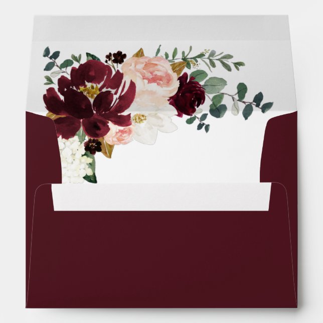 Burgundy Red Blush Pink and Gold Floral Wedding Envelope (Back (Bottom))