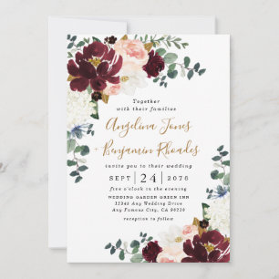 Burgundy Red Blush Pink and Gold Floral Wedding Invitation