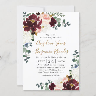 Burgundy Red Blush Pink and Gold Floral Wedding Invitation