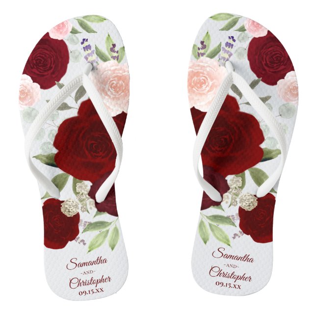 Burgundy Red & Blush Pink Boho Roses Wedding Flip Flops (Footbed)